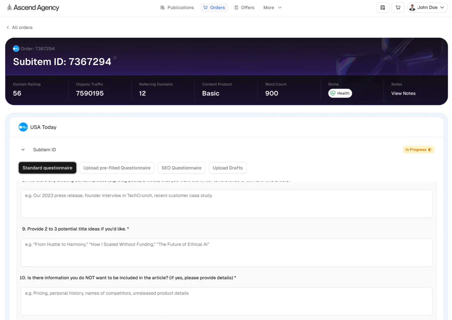 Ascend platform order detail: order header with domain rating, organic traffic, referring domains, word count and niche, plus the USA Today content questionnaire with an In Progress status